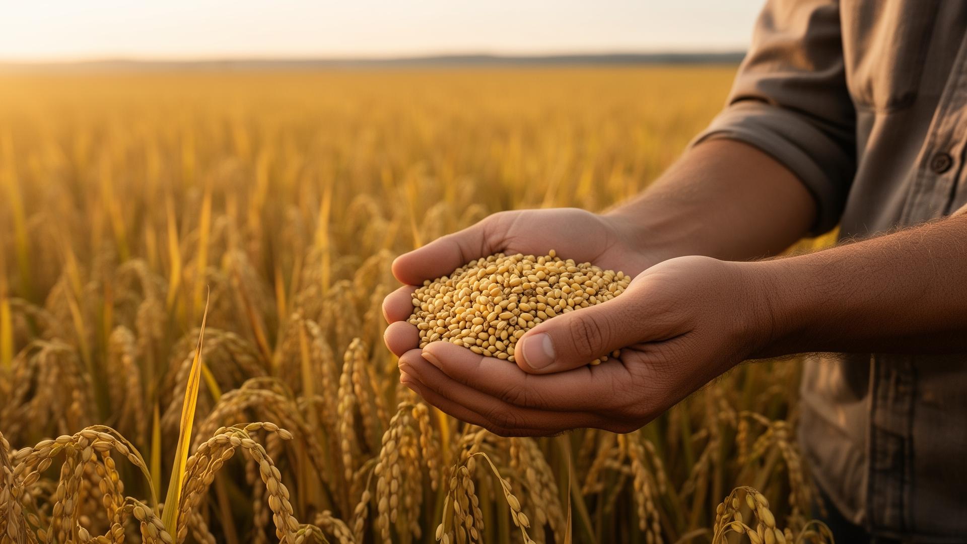 Farmer's hands holding a harvest of millet grains in a golden field
